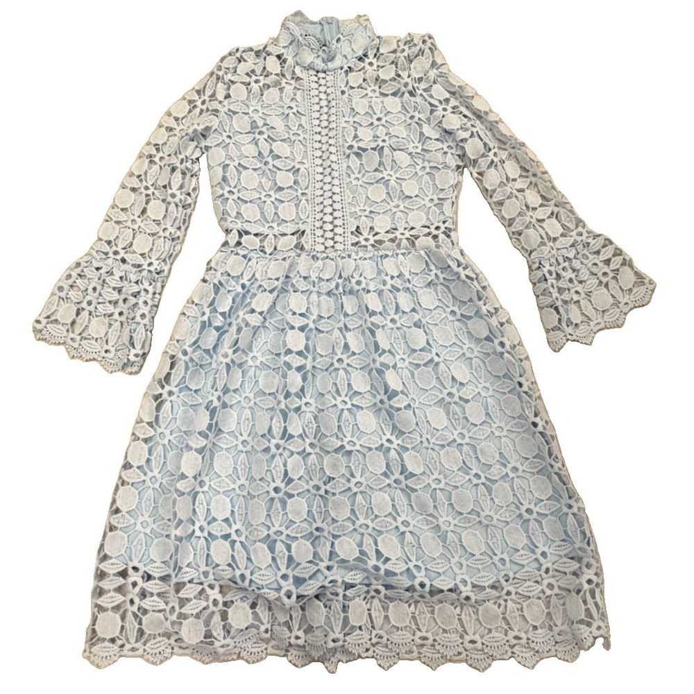 Eilly Bazar Lace Mini Dress Women's S Blue White Floral Long Sleeve Romantic